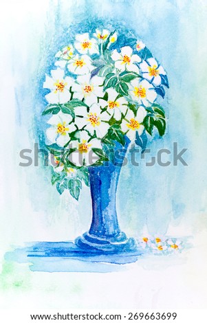 watercolor painting White rose in a blue vase high shape isolated