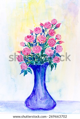 watercolor painting pink rose in a blue vase high shape isolated