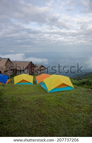 The high mountain camping vacation with a beautiful view.