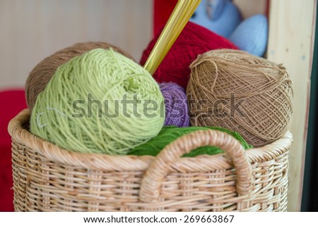 Balls of yarn in a basket with knitting needles