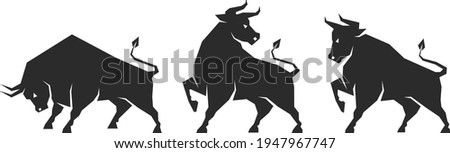 Bull images set. Bull logo designs set, Stylized silhouettes of standing in different poses and butting up bulls. Isolated on white background.  Vector illustration for any kind of graphic design.