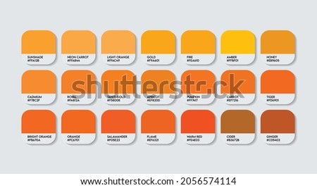Orange Color Guide Palette with Color Names. Catalog Samples Orange with RGB HEX codes and Names. Metal Colors Palette Vector, Wood and Plastic Orange Color Palette, Fashion Trend Orange Color Palette