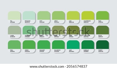 Green Color Guide Palette with Color Names. Catalog Samples Green with RGB HEX codes and Names. Metal Colors Palette Vector, Wood and Plastic Green Color Palette, Fashion Trend Green Color Palette