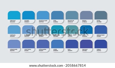 Blue Color Code Guide Palette with Color Names. Catalog Samples Blue with RGB HEX codes and Names. Metal Colors Palette Vector, Wood and Plastic Blue Color Palette, Fashion Trend Blue Color Palette Imagine de stoc © 