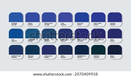 Dark Blue Color Code Guide Palette with Color Names. Catalog Samples Blue with RGB HEX codes. Dark Blue Colors Palette Vector, Wood and Plastic Dark Blue Color Palette, Fashion Trend Color icons Imagine de stoc © 