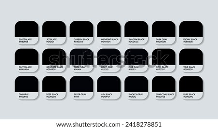 Black Color Guide Palette with Color Names. Catalog Samples Black with RGB HEX codes and Names. Metal Colors Palette Vector, Wood and Plastic Black Color Palette, Fashion Trend Black Color Palette