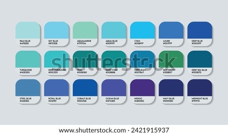 Ocean Blue Color Palette, Blue Color Code Guide Palette with Color Names, Catalog Samples Blue with RGB HEX codes. Sea Blue Colors Palette Vector. Plastic, Paints, Fashion Trending Water Blues Color