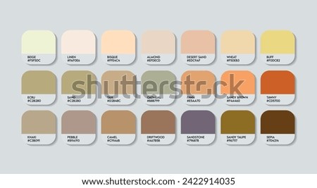 Sand Color Palette, Cream Color Guide Palette with Color Names. Paint RGB HEX codes and Names. Metal Colors Palette Vector, iron, and vehicle body colors, Fashion Trend sand Colors Palette design