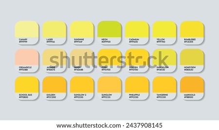 Yellow Color Palette, Yellow Color Guide with color Names. Catalog Samples Yellow with RGB HEX codes and Names. Metal Colors Palette Vector, Wood and Plastic Light Yellow Color Palette, Fashion Trend