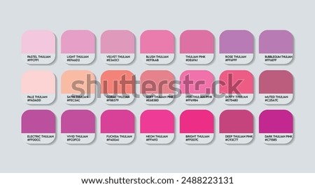 Thulian Color Guide Palette with Color Names. Catalog Samples Thulian with RGB HEX codes and Names. Paint Pink Colors Palette Vector, Metal and Plastic Thulian Color Palette, Fashion Trend Pink Colors