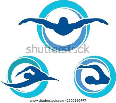 Swimming logo Simple Blue silhouette Sea Ocean Water Wave Logo design, Swim logo vector, Blue swimming logo with abstract silhouette, swimming person vector for swimming sport athlete logos design