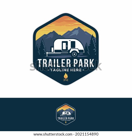 camper trailer or recreational vehicle (RV) adventure logo template, trailer park icon