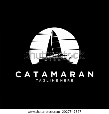 Catamaran, Yacht and Boat Symbol Logo Template on sunset background