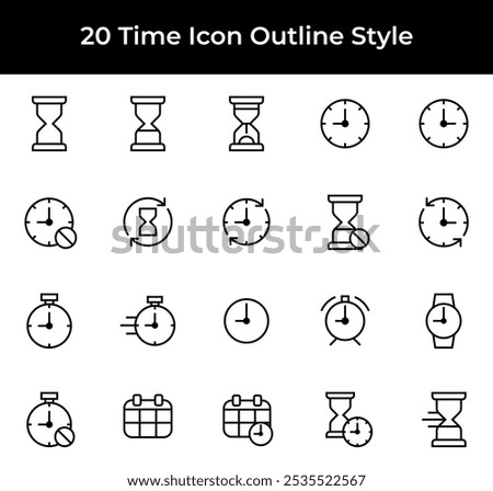 Set of Time Clock Hourglass Stopwatch Date Icon Outline Style