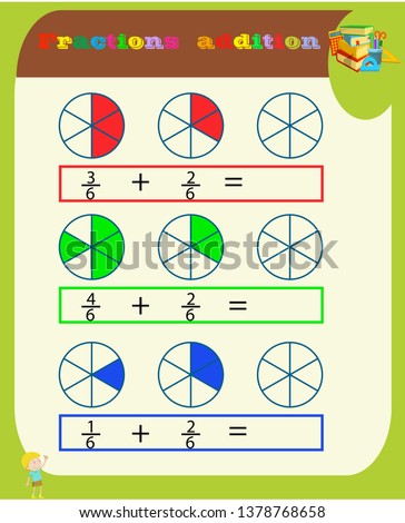 Subtracting Fractions Mathematical Worksheet. Triangles. Coloring Book Page. Math Puzzle. Educational Game. Vector illustration.Printable Fractions Worksheets for kids , fraction addition problems.