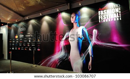 SINGAPORE - MAY 18: Backdrop with festival design theme and sponsors at Audi Fashion Festival 2012 on May 18, 2012 in Singapore