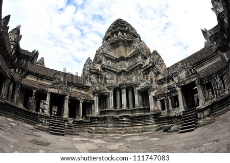 Tallest tower and pool of famous ancient Angkor Wat Temple in Siem Reap, Cambodia