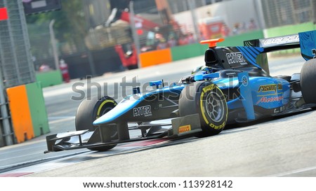 SINGAPORE - SEPTEMBER 22: Victor Guerin racing in his Ocean Racing Technology car during 2012 GP2 race at Singapore Marina Bay circuit on September 22, 2012 in Singapore