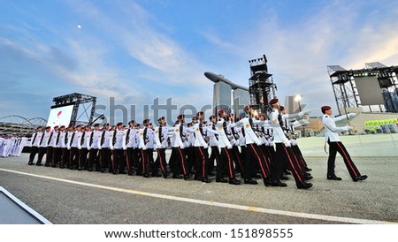 SINGAPORE - JULY 20: Army Commando guard-of-honor contingent marching past during National Day Parade (NDP) Rehearsal 2013 on July 20, 2013 in Singapore