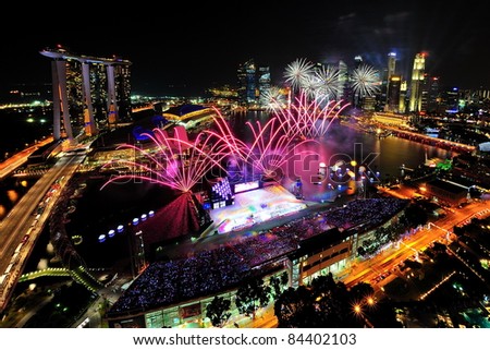 SINGAPORE - JULY 09: Fireworks display during National Day Parade Singapore 2011 Combined Rehearsal on July 09, 2011 in Singapore.
