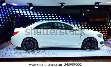 PARIS - SEPTEMBER 24: CLA AMG sports coupe on display at the Mercedes Benz gallery along Champ Elysees, taken on September 24, 2014 in Paris, France