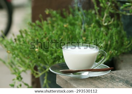 Hot milk in a glass on on wooden table and Nature Background.