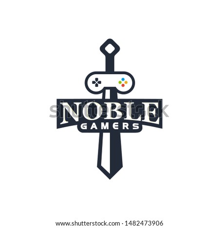 Noble gamers logo template - gaming stick and knight sword - blade and joystick