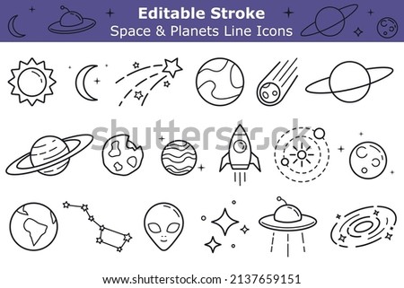 Space and planets line icons set with editable stroke. Astronomy pictograms pack. UFO, sun, rocket, comet simple symbols pack