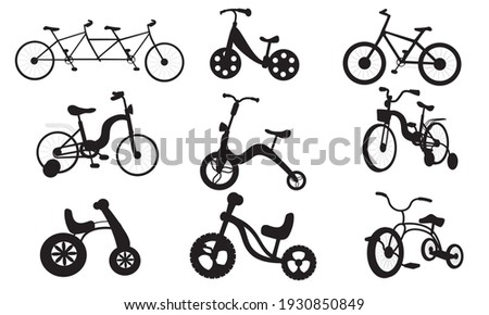 Children's bicycles, tricycles. Silhouettes on a white background. Sports and recreation.