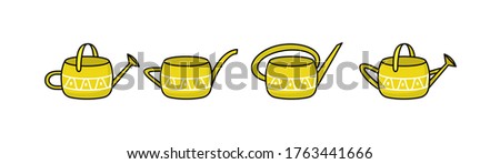 Set of vector icons with yellow watering cans. Vector illustration of garden supplies. Home decor.