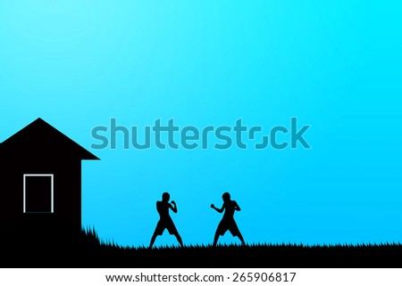silhouette Thai boxing  blue background