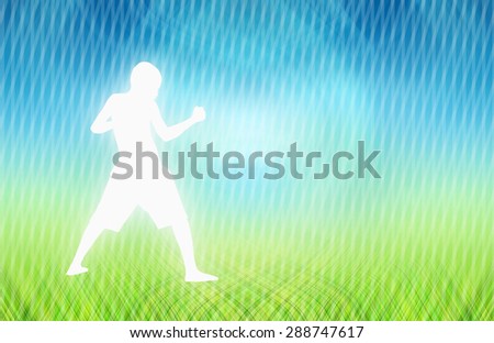 Human shadow boxing background abstract green grass and blue sky.