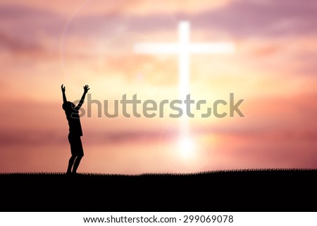 Human hand side above the background cross in sky orange.