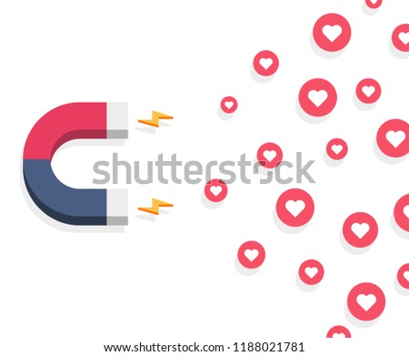 Influencer marketing concept with magnet, like and hearts Illustration.