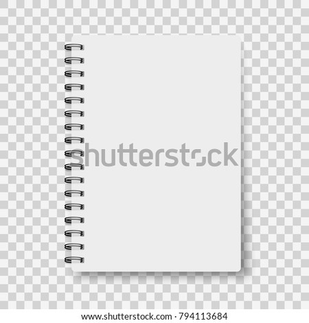 Notebook mockup, with place for your image, text or corporate identity details. Blank mock up with shadow on transparent background. Vector illustration.