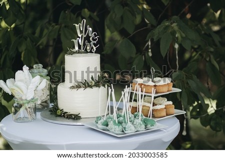 Similar – Image, Stock Photo Candy bar on wedding ceremony with a lot of different cupcakes, modern desserts, mousses and jellies. selective focus