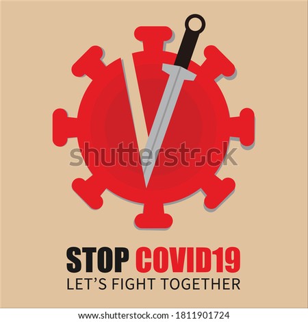 stop covid logo simple flat vector,kill covid with sword slashing style