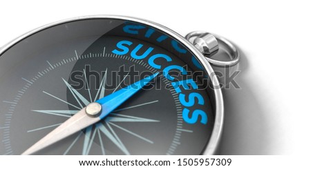 3D illustration. Compass points towards success. Compass with blue needle and blue letters.