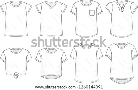 Isolated t-shirt object of clothes and fashion stylish wear fill in blank. Set of clothing t shirts and vector illustration. Regular, V-Neck, Pocket, Bow, Crop top, Long, Baggy Tee 