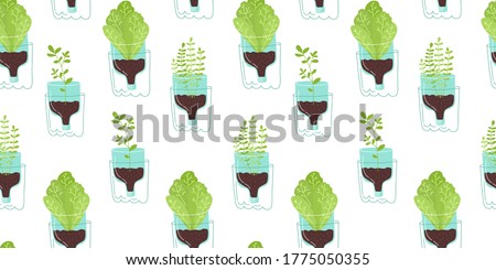 Seamless pattern with plants in pots from plastic bottles. Zero waste, upcycling, reuse of utilized, potting creation, vertical gardening concept. Colorful vector illustration on white background Foto stock © 