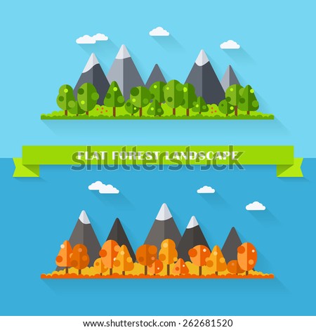 Vector flat forest and mountain landscape. Set of trees in summer and autumn seasons. Nature illustration in flat style. Outdoor scene collection. Cartoon view banner