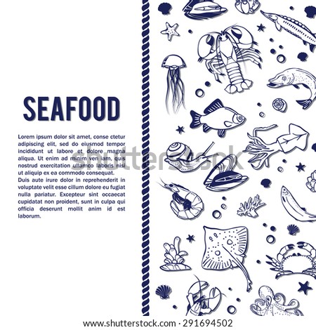 Vector sea world background. Mediterranean design. Underwater wildlife icons. Ocean animals - fish; octopus; shrimp; crab; lobster; mussel; shell. Sea background