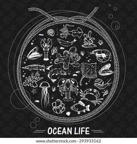Vector sea world background. Mediterranean design. Underwater wildlife icons. Ocean animals - fish, octopus, shrimp, crab, lobster, mussel, shell. Sea background