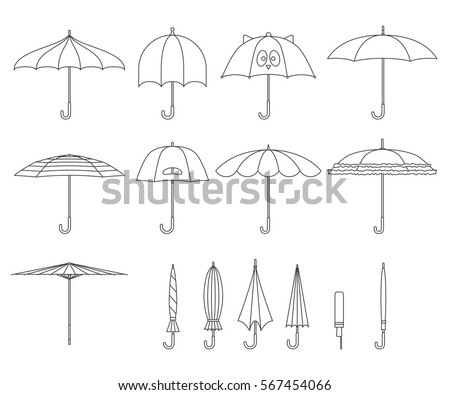 Set of vector cute black and white line umbrellas in flat design style. Closed and open fashion icons. Cover accessory. Modern style. Protection from rain and sun