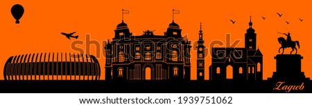 Vector city skyline silhouette - illustration, 
Town in orange background, 
Zagreb Croatia