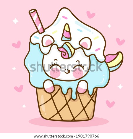 Cute Unicorn vector eat icecream cone sweet dessert pastel color pony cartoon Kawaii Character: Series fairy tale horse (flat Girly doodles) Kid food dessert bakery product fabulous fashion child.