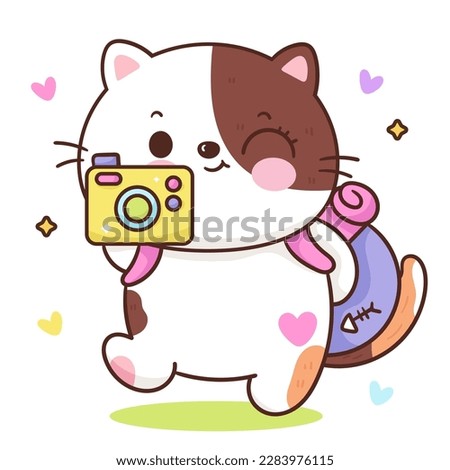 Cute cat spring traveler with camera and backpack. Series: Kawaii animals kitten isolated on white background (Character cartoon) Holiday activities. Perfect make a wish for baby t shirt fairy tale.