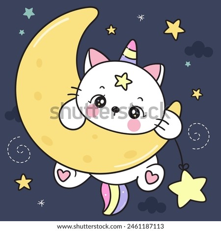 Cute cat lover holding star on moon sweet dream fairy tale. Series: Good night kiss Kawaii animals funny kitten playing (Character cartoon). Perfect make a wish for baby t shirt, celebration party.
