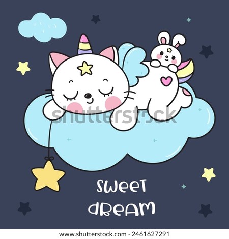 Cute cat unicorn lover holding star with bunny rabbit friend on cloud sweet dream fairy tale. Series: Good night kiss Kawaii animals sleeping funny kitten playing (Character cartoon). baby t shirt