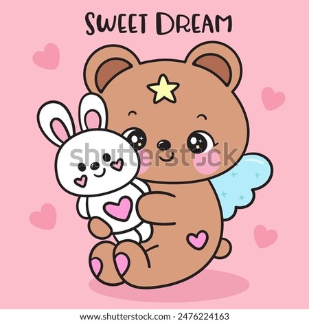 Cute teddy bear hug bunny rabbit doll sweet dream fairy tales. Series: Good night kiss bedtime story Kawaii animals sleeping funny (Character cartoon). For baby t shirt, celebration party, greeting.